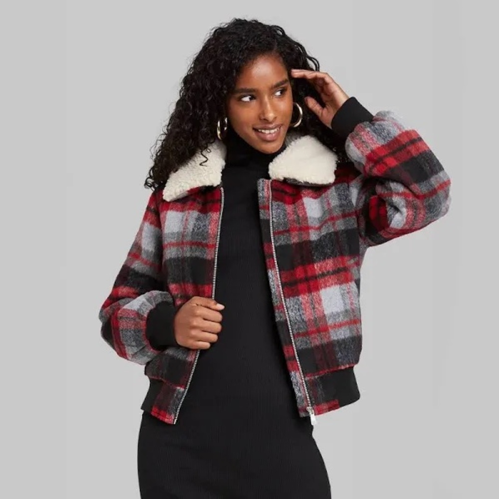 Wild Fable Red Plaid Bomber Jacket w/ Removable Fleece Collar - Picture 2 of 9